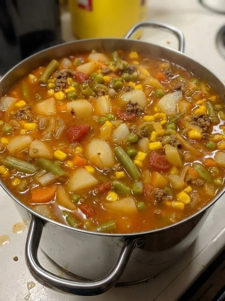 Bowl of hearty Amish Snow Day Soup with vegetables and herbs