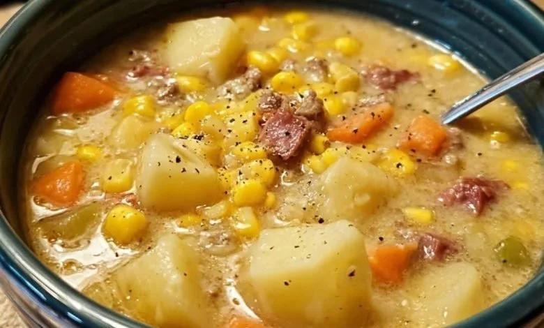 A bowl of delicious Amish Snow Day Soup, perfect for a cold winter's day.