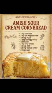 Delicious Amish sour cream cornbread served warm with butter.