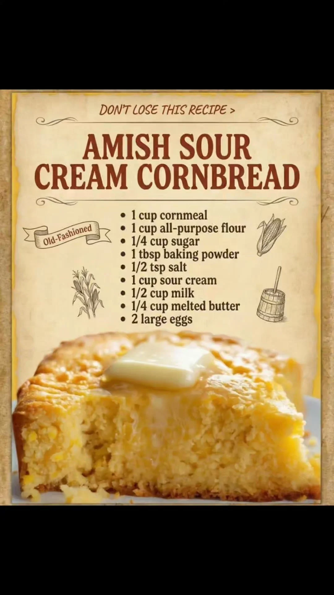 Delicious Amish sour cream cornbread served warm with butter.