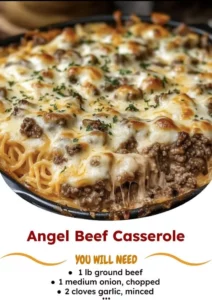 Delicious Angel Beef Casserole served in a baking dish, ready for dinner.