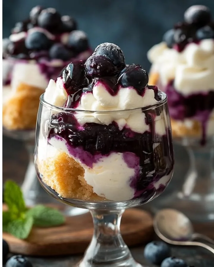 Angel food cake trifle with cheesecake topping and blueberry sauce in a glass