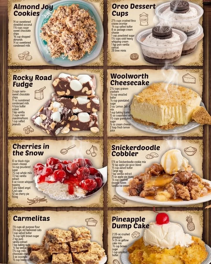 An assortment of easy desserts including cakes, cookies, and puddings.