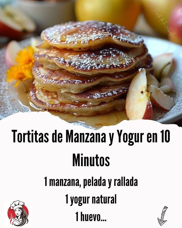 Fluffy apple yogurt pancakes served with syrup and fresh apples