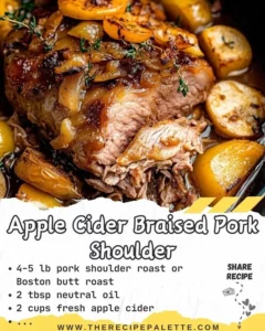 Apple cider braised pork shoulder served with fresh herbs and side dishes