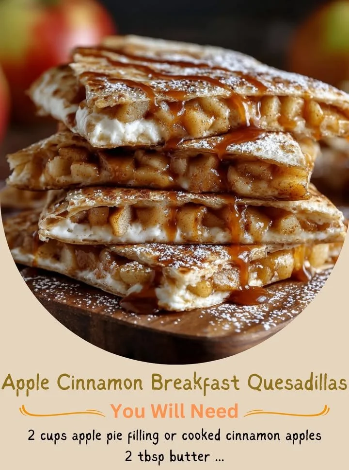 Apple cinnamon breakfast quesadillas ready to enjoy, drizzled with syrup.