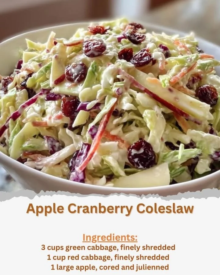Bowl of Apple Cranberry Coleslaw with fresh apples and cranberries