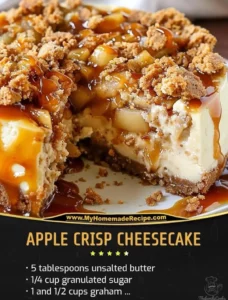 A slice of delicious Apple Crisp Cheesecake topped with crunchy apple streusel.