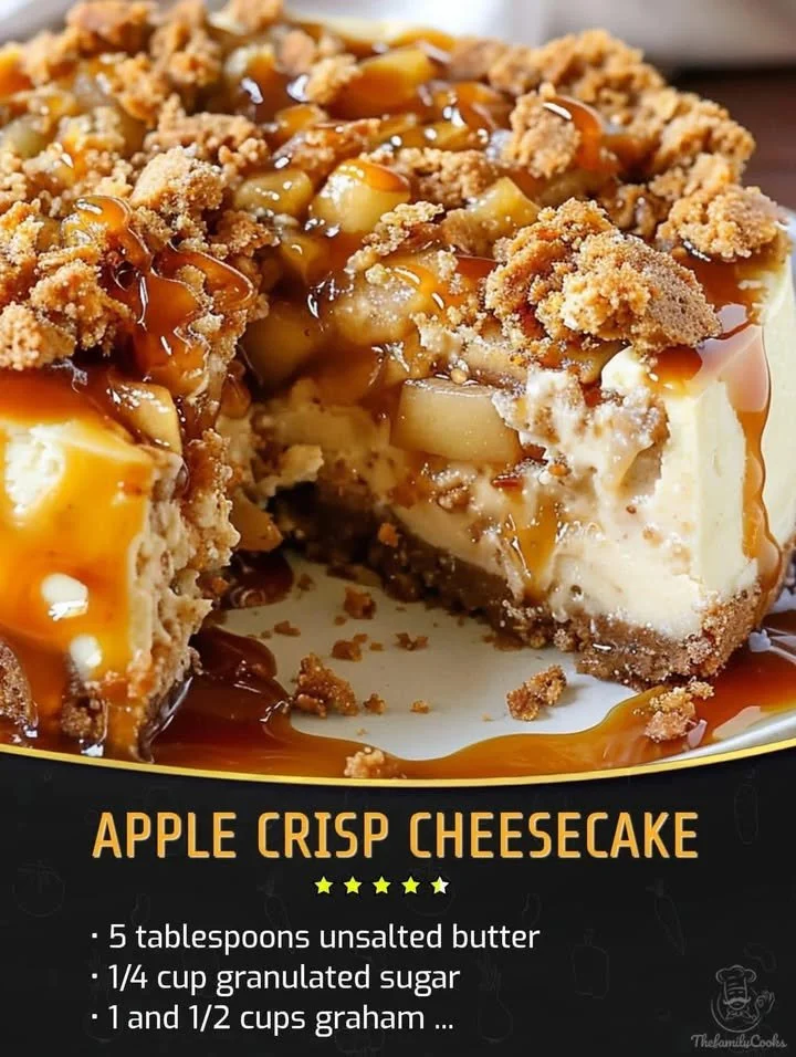 Slice of homemade Apple Crisp Cheesecake with apple topping and crumbly crust
