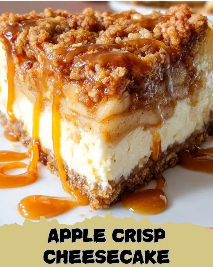 Delicious slice of Apple Crisp Cheesecake topped with crunchy apple crisp