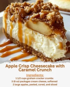 Delicious Apple Crisp Cheesecake with Caramel Crunch topped with crispy apples