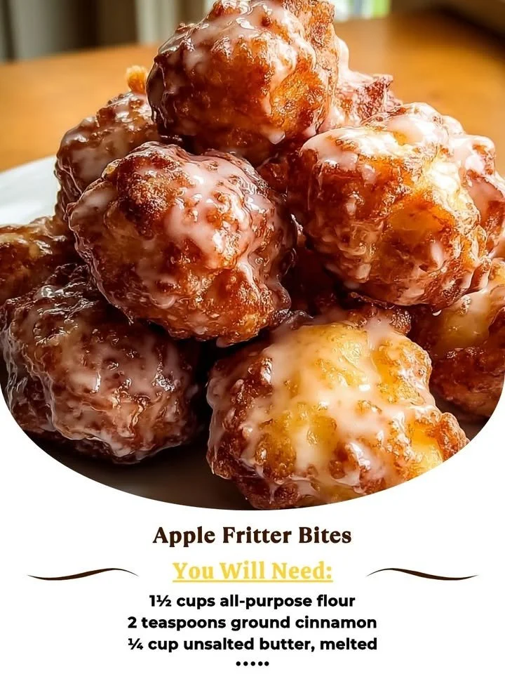 Plate of delicious Apple Fritter Bites, golden and crispy with apple chunks.