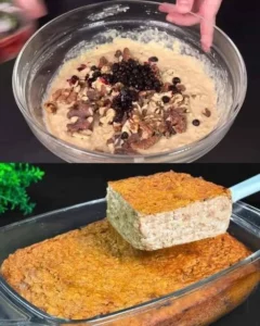 Freshly baked Apple Oatmeal Bake topped with apples and spices