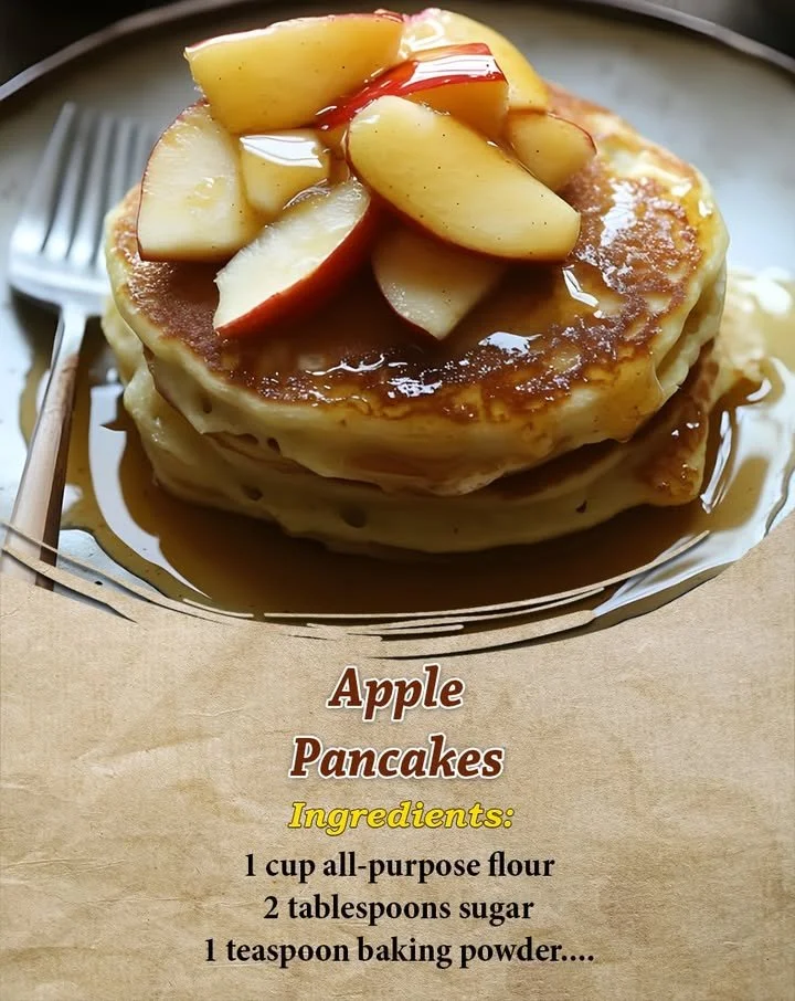 Delicious stack of apple pancakes topped with syrup and fresh apples