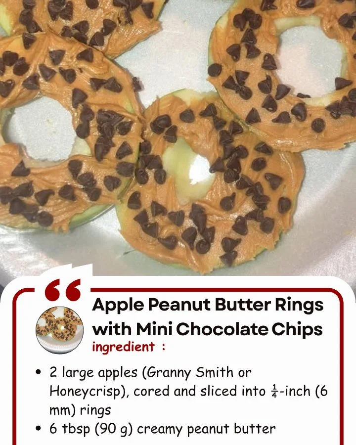 Apple Peanut Butter Rings topped with mini chocolate chips for a tasty snack.