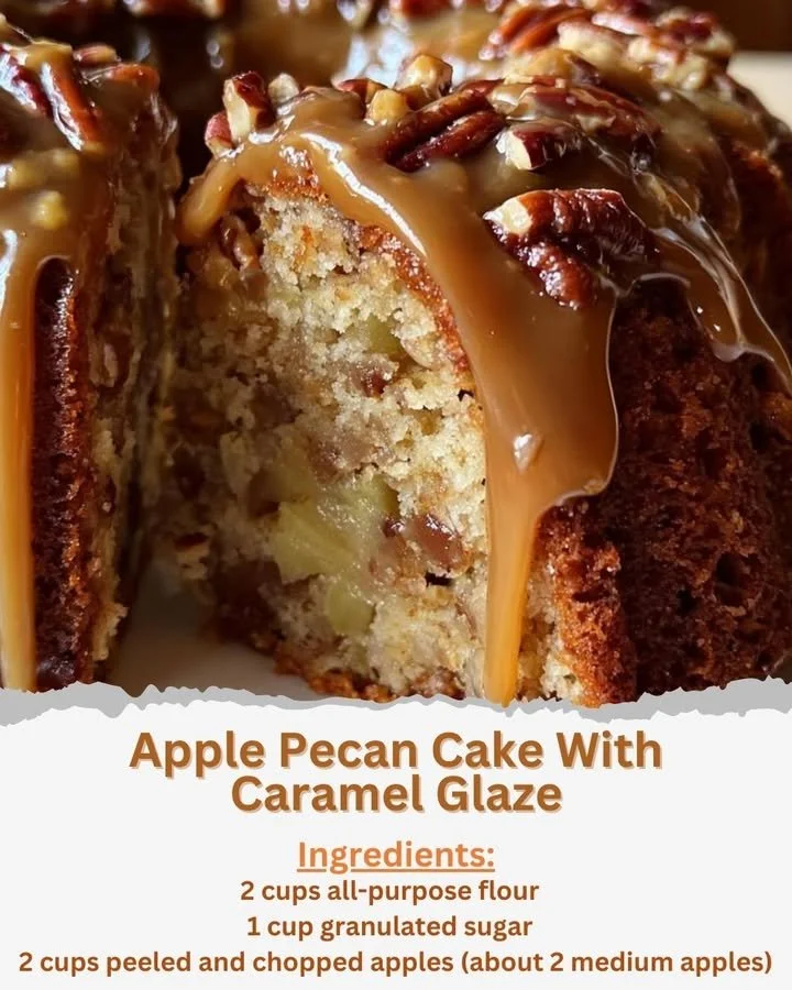 Delicious Apple Pecan Cake topped with silky caramel glaze, perfect for any occasion.