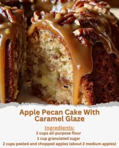 Apple Pecan Cake topped with caramel glaze on a plate.
