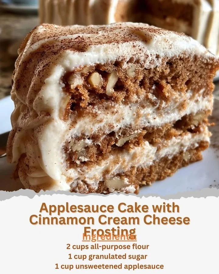Slice of Applesauce Cake with Cinnamon Cream Cheese Frosting on a plate