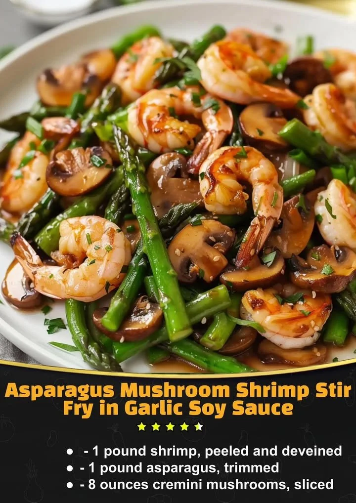 Asparagus mushroom shrimp stir fry in garlic soy sauce