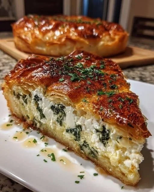 Authentic Greek Spanakopita pie with spinach and feta filling