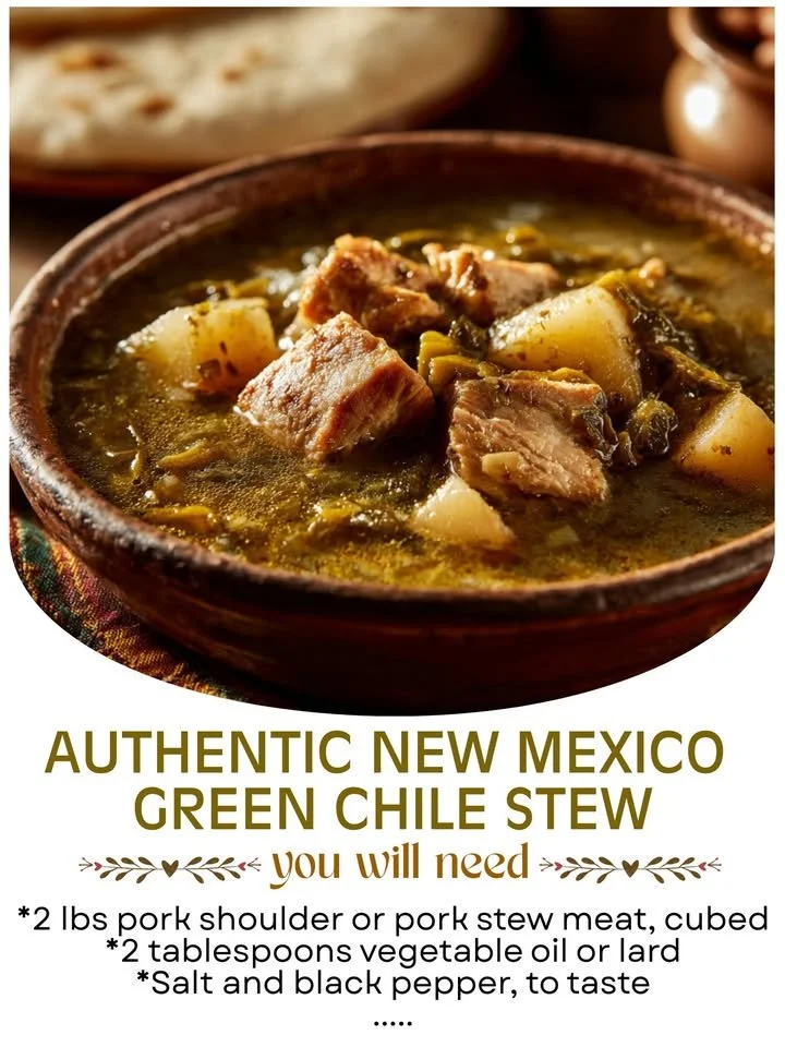 Bowl of authentic New Mexico Green Chile Stew with fresh green chiles and spices