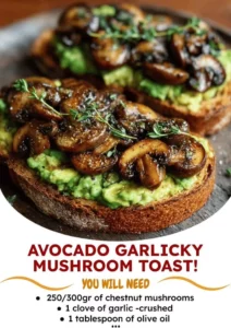 Avocado garlicky mushroom toast topped with fresh herbs and spices