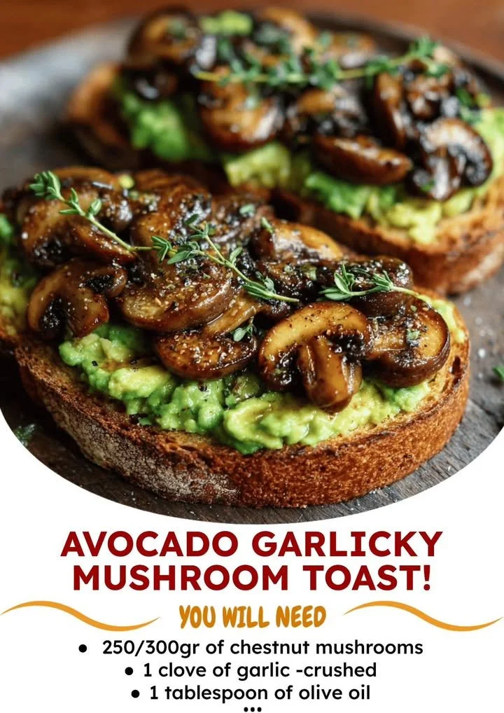 Avocado garlicky mushroom toast topped with fresh herbs and spices