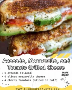 Delicious avocado, mozzarella, and tomato grilled cheese sandwich on a plate