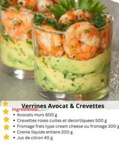 Rich and elegant avocado shrimp verrines served in glassware.
