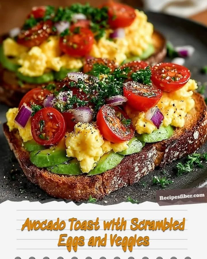 Avocado toast topped with scrambled eggs and mixed vegetables on a plate.
