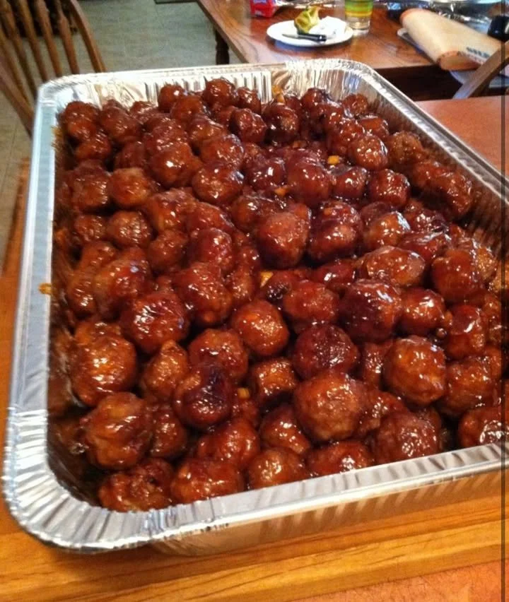 Tray of delicious Baby Shower Meatballs served at a festive celebration.