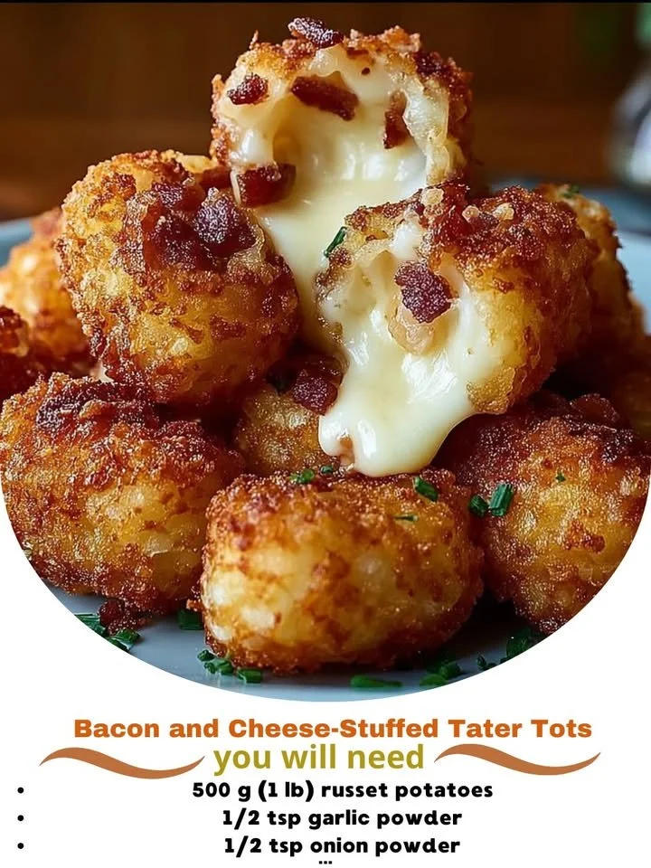 Bacon and cheese-stuffed tater tots on a platter