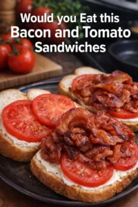 Delicious bacon and tomato sandwiches served on a rustic wooden table.