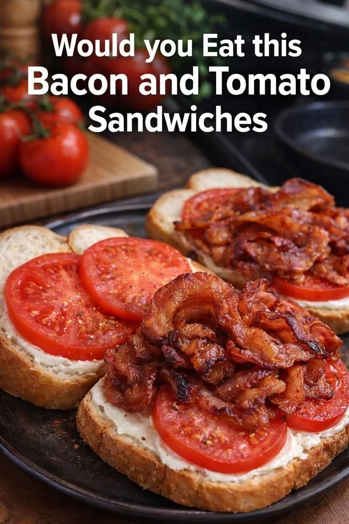 Delicious bacon and tomato sandwiches served on a rustic wooden table.