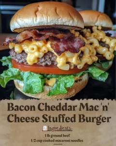 Bacon Cheddar Macaroni and Cheese Stuffed Burger served with sides