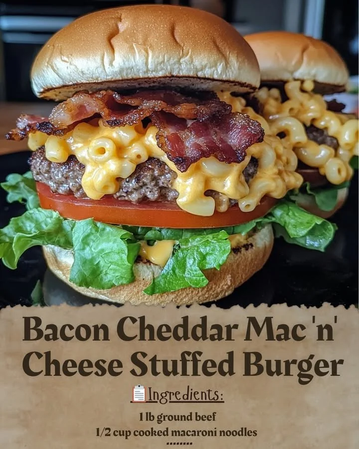 Bacon Cheddar Macaroni and Cheese Stuffed Burger served with sides