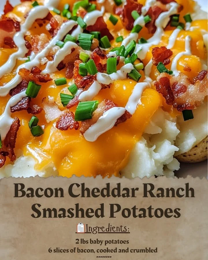 Bacon Cheddar Ranch Smashed Potatoes served in a bowl topped with fresh herbs