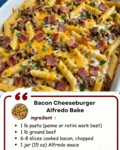 Creamy Bacon Cheeseburger Alfredo Bake topped with cheese and crispy bacon