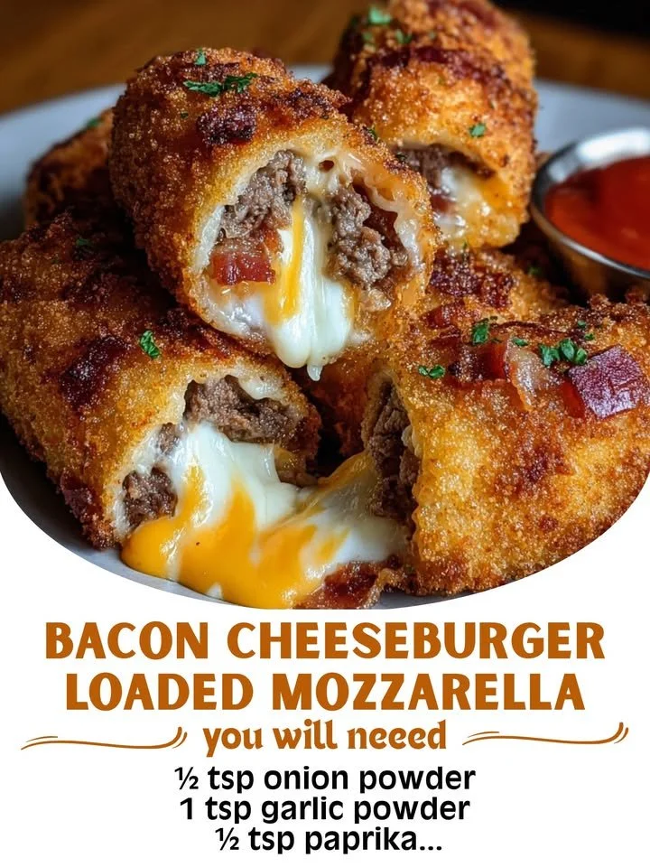 Bacon cheeseburger loaded mozzarella stick bombs served on a plate