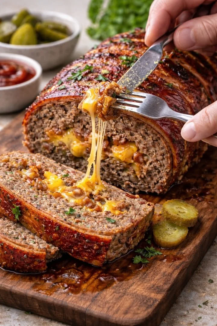 Bacon Cheeseburger Meatloaf garnished with cheese and bacon on a plate.