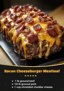 Delicious Bacon Cheeseburger Meatloaf served with cheese and bacon toppings.
