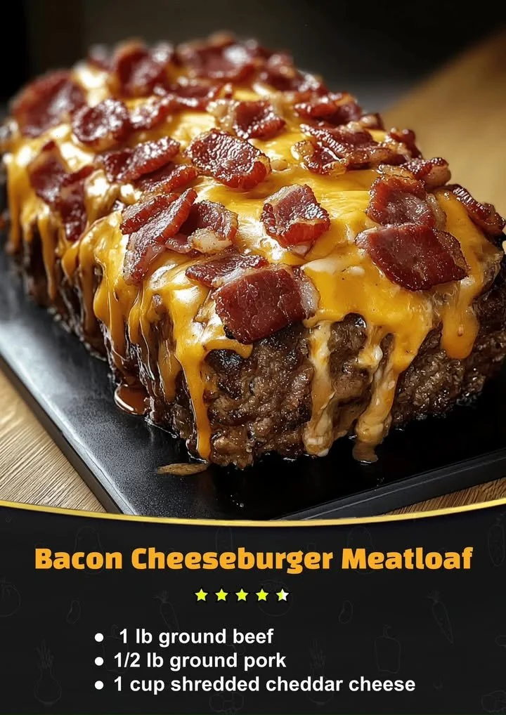 Delicious Bacon Cheeseburger Meatloaf served with cheese and bacon toppings.