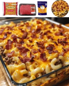 Delicious Bacon Cheeseburger Noodle Bake topped with crispy bacon and cheese