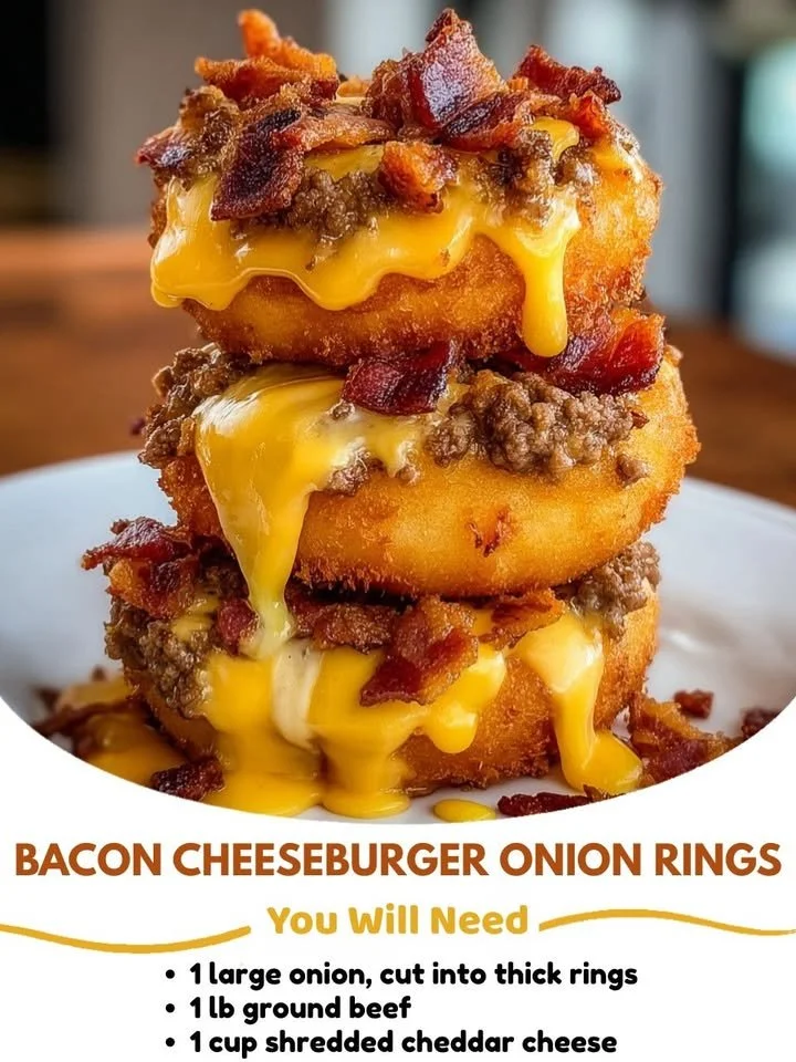 Delicious Bacon Cheeseburger served with golden onion rings