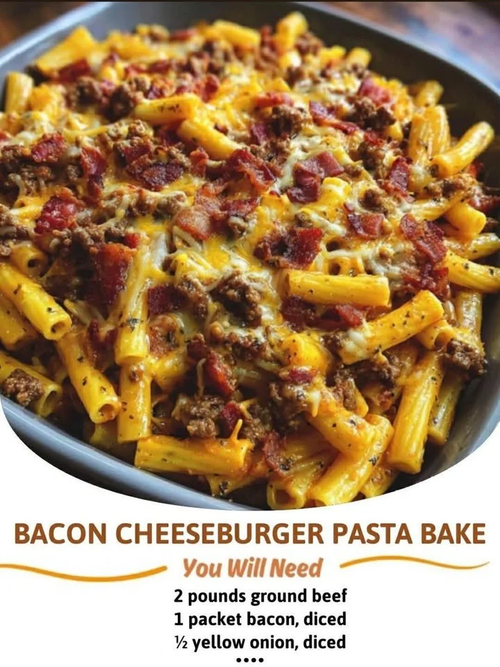A mouthwatering Bacon Cheeseburger Pasta Bake topped with melted cheese and crispy bacon.