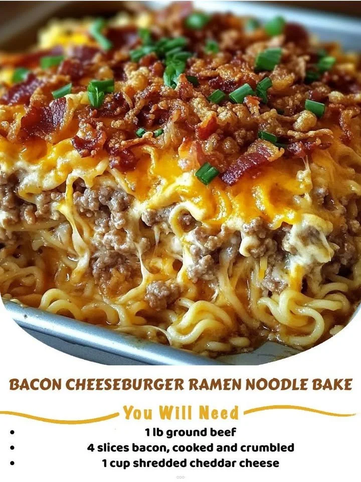 Delicious Bacon Cheeseburger Ramen Noodle Bake topped with cheese and bacon