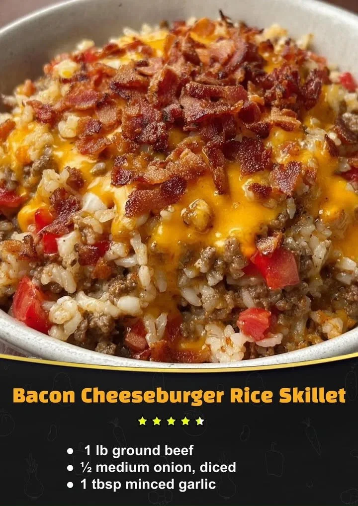 Bacon Cheeseburger Rice Skillet with juicy beef, crispy bacon, and melted cheese