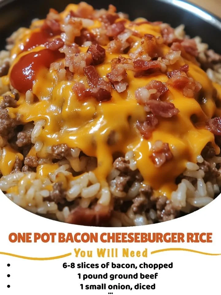 Delicious Bacon Cheeseburger Rice Skillet with toppings and ingredients