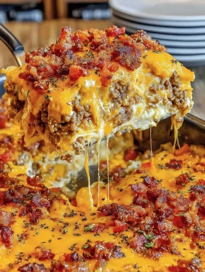 Delicious Bacon Cheeseburger Lasagna ready to enjoy on a plate