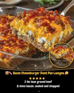 Delicious Bacon Cheeseburger Lasagna on a sheet pan, garnished and ready to serve.